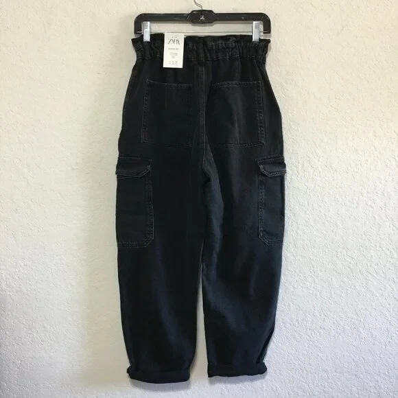 ZARA High Waist Baggy Fit Paper Bag Carrot Leg Ankle Rigid Black Womens 6 - Picture 8 of 16